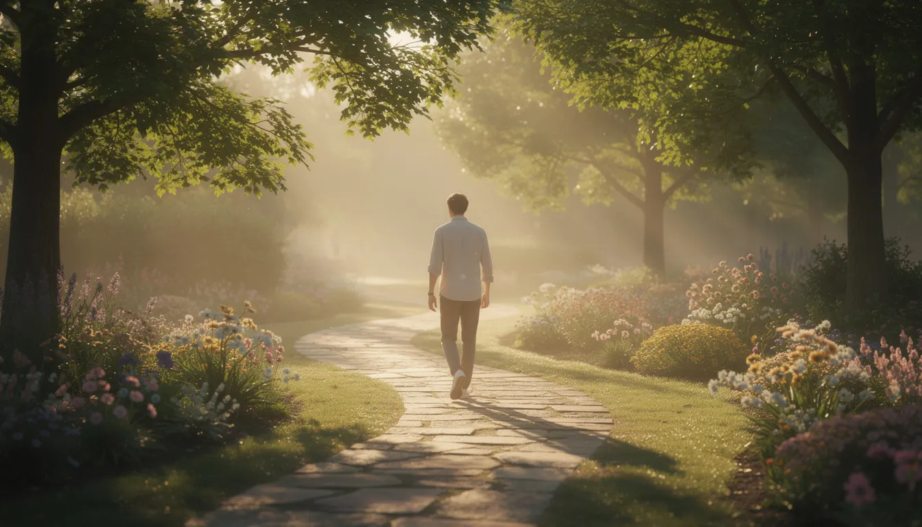 The image depicts a person walking along a serene garden path at sunrise, symbolizing hope and new beginnings. This scene evokes the journey of patients recovering in inpatient rehabilitation facilities, where they regain their functional abilities through rehabilitation therapy and skilled nursing care.