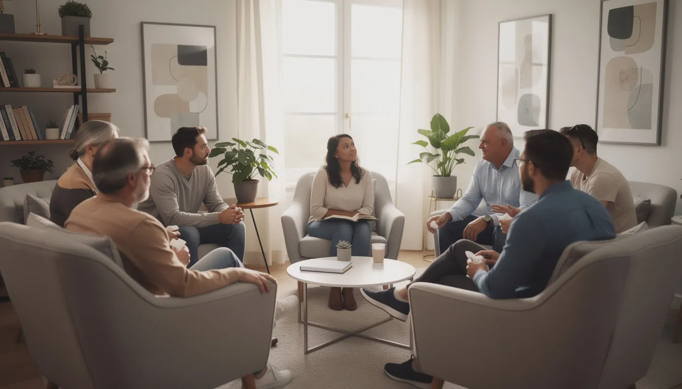 A group of adults is seated in comfortable chairs during a supportive therapy session at an outpatient rehabilitation facility, where they engage in discussions about their recovery and treatment plans. The atmosphere is warm and encouraging, promoting well-being and collaboration among patients recovering from various conditions.