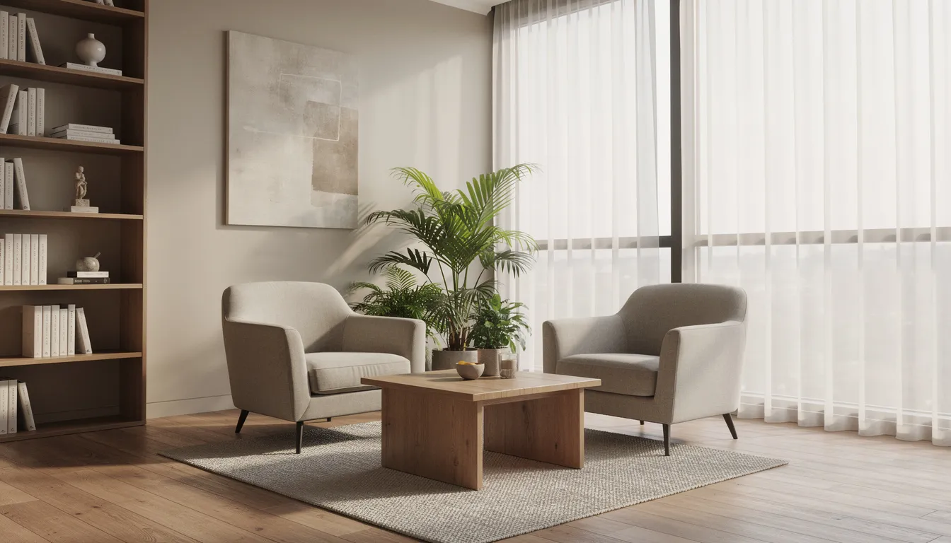 The image depicts a serene and modern therapy room designed for mental health treatment, featuring comfortable seating and ample natural light. This supportive environment is ideal for individual therapy sessions, group therapy, or intensive outpatient programs, creating a space conducive to healing and skill building for adult patients.