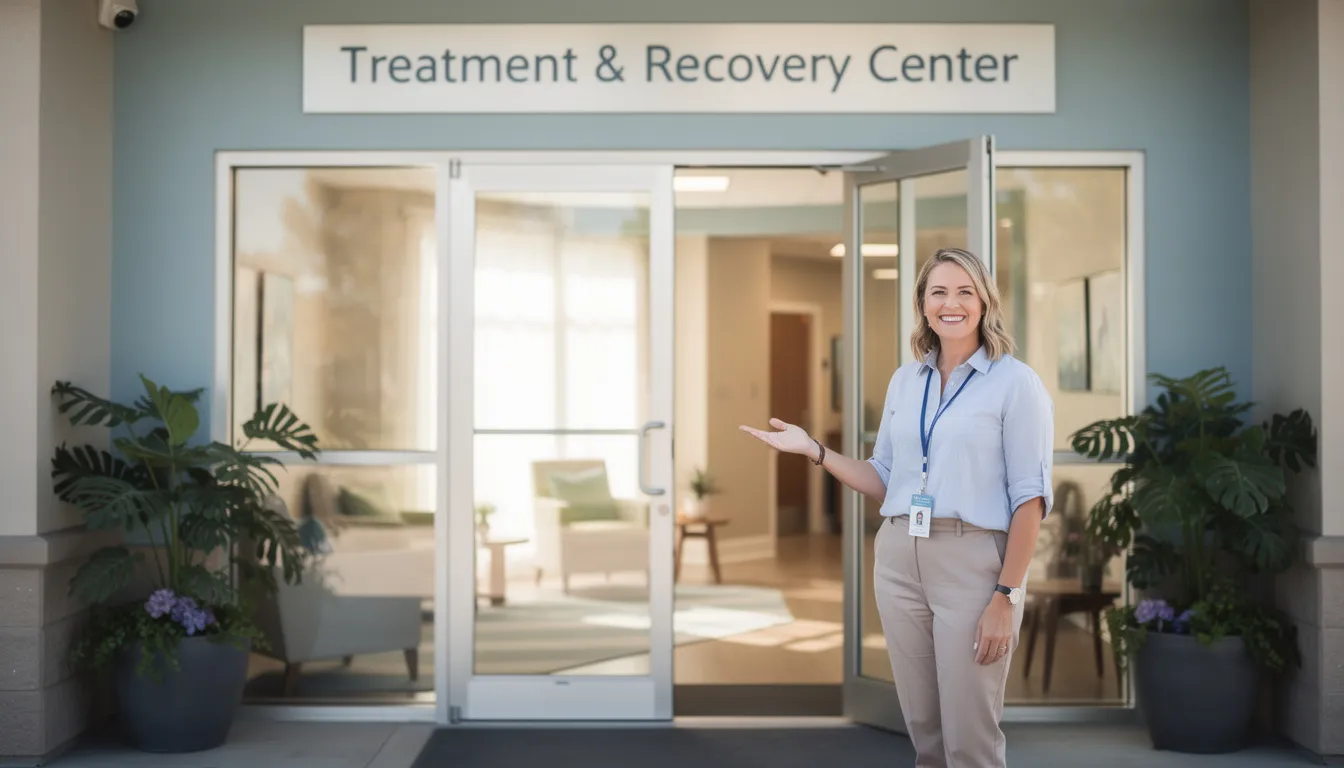 The image depicts a welcoming entrance to a treatment center, where a caring staff member greets visitors with a warm smile, embodying the support and understanding essential for those seeking help for personality disorders. This inviting atmosphere is designed to promote mental well-being and encourage individuals to seek treatment for their mental health conditions.