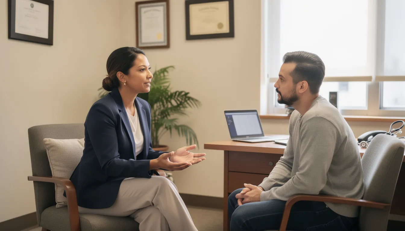 A healthcare provider is engaged in a calm conversation with a patient in an office setting, discussing mental health topics such as major depressive disorder and bipolar disorder. The atmosphere is supportive, emphasizing the importance of appropriate treatment for mood disorders and the management of depressive symptoms.