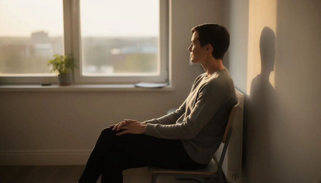 A person sits thoughtfully by a window, bathed in natural light, reflecting a contemplative mood that may resonate with experiences of major depressive disorder or MDD vs bipolar depression. The serene setting contrasts with the complexities of mood disorders, highlighting the importance of mental health awareness and appropriate treatment for those facing depressive symptoms.