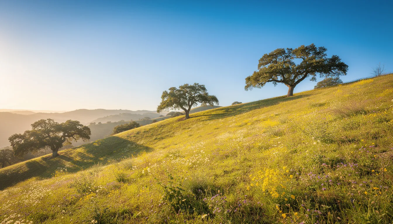 The image depicts a picturesque California hillside under a clear blue sky, symbolizing hope and new beginnings, often associated with the recovery journey from drug and alcohol addiction. This serene landscape reflects the supportive environment found in treatment centers, where individuals seek treatment and embark on their path to sobriety.