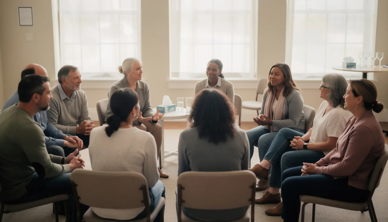 The image shows a diverse group of adult patients sitting in a circle, engaged in a supportive group therapy discussion, which is a key component of mental health treatment programs like partial hospitalization and intensive outpatient programs. The atmosphere reflects a healing journey, as participants share their experiences and support each other in managing mental health conditions.