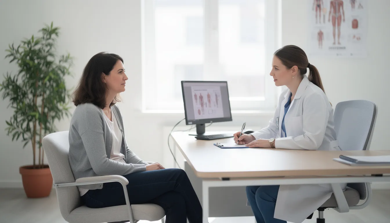 The image depicts two individuals engaged in a consultation within a medical office, discussing issues related to sleep disorders. The setting suggests a focus on various sleep difficulties, including insomnia symptoms and the impact of medication-induced sleep disorders on overall sleep quality.
