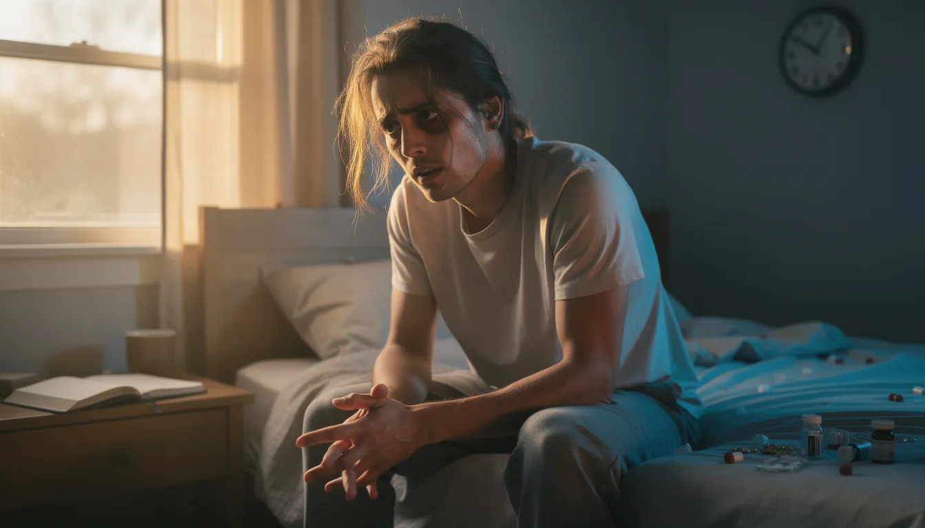 The image depicts a person sitting alone with a distressed expression, illustrating the struggles of bipolar disorder, a type of mental health disorder characterized by mood swings and significant impairment in daily life. The person appears to be experiencing a moment of emotional turmoil, reflecting the challenges faced by those with mental health conditions.