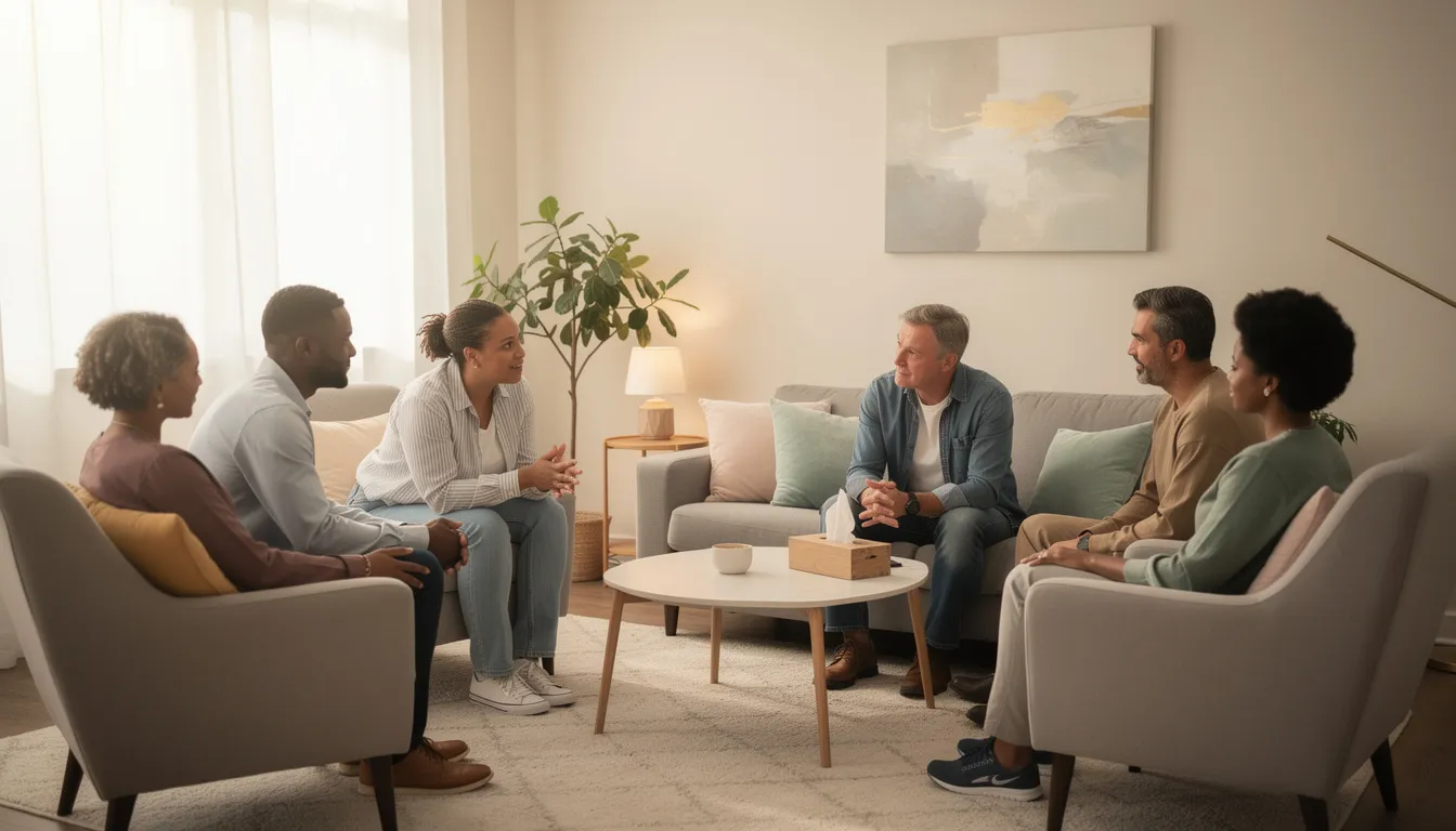 A group of individuals is seated in a cozy therapy room at a luxury rehab center actively participating in a supportive discussion, which is a crucial aspect of their acute rehabilitation therapy. This environment fosters collaboration among patients and addiction treatment providers, enhancing their recovery journey through intensive therapy and customized addiction treatment plans.