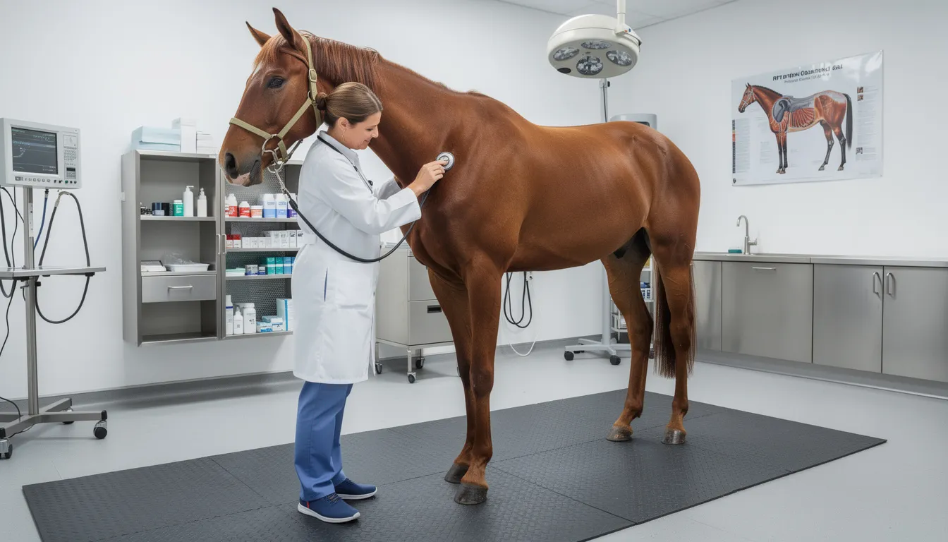 A veterinarian is examining a horse in a clinical setting, focusing on its health and well-being. The scene highlights the importance of veterinary medicine, particularly in managing pain relief and sedation, potentially involving drugs like xylazine and ketamine for their analgesic and muscle relaxing properties.