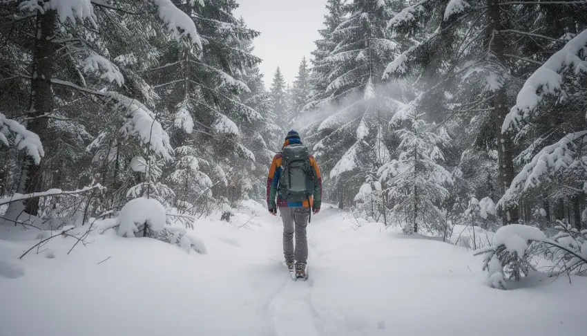 A person is hiking on a winter trail, surrounded by tall, snow-covered trees, embodying a sense of peace and joy in nature. This scene reflects the journey of recovery and personal growth, highlighting the importance of well-being and emotional resilience in achieving a sober lifestyle.