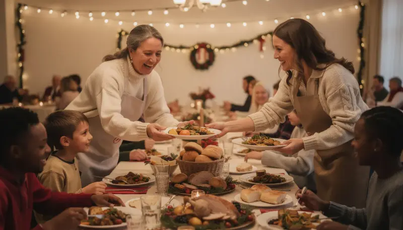 Volunteers are joyfully serving delicious food at a community holiday meal, where people are smiling and engaging in meaningful conversations. The event fosters connection and promotes an alcohol-free life, highlighting the positive aspects of sober fun activities within the community.