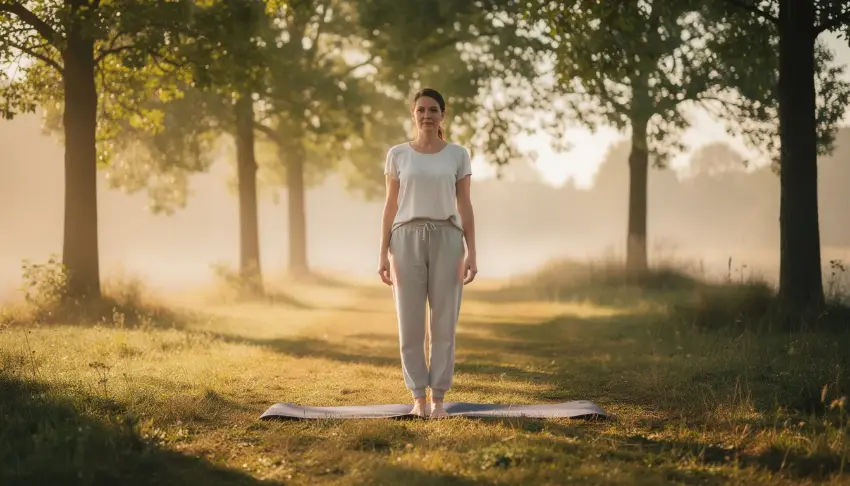 Mindfulness and Movement Therapy in a Peaceful Natural Setting A person is practicing yoga outdoors in a serene natural setting surrounded by trees, with sunlight filtering through the leaves, promoting a sense of peace and mindfulness. This scene embodies the holistic approach often embraced in luxury rehab centers, emphasizing the importance of mental health and wellness in the recovery journey.
