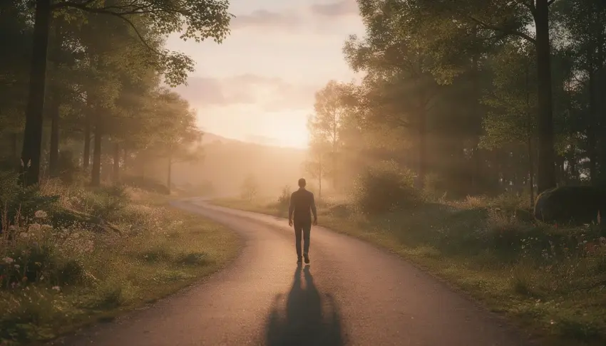 A person walks along a serene path, symbolizing their journey towards recovery and forward progress in overcoming addiction. This imagery reflects the importance of personalized care and the treatment process in addiction treatment programs, emphasizing the hope for sustained recovery and long-term sobriety.