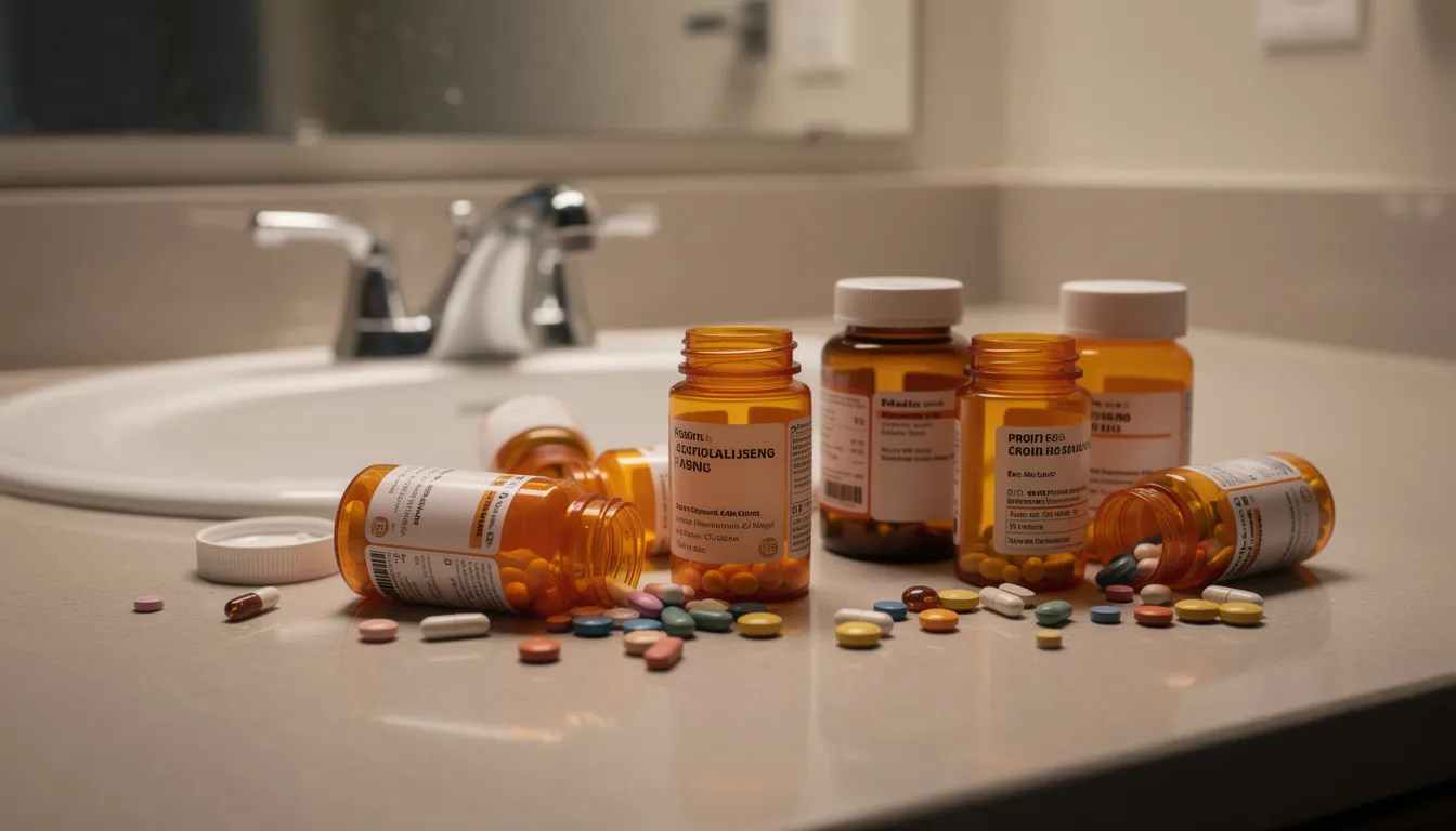 The image shows a cluttered bathroom counter filled with various prescription pill bottles and loose medications, highlighting potential issues related to substance misuse and the importance of mental health awareness. This scene may evoke concerns about substance use disorder and the need for support from healthcare professionals.
