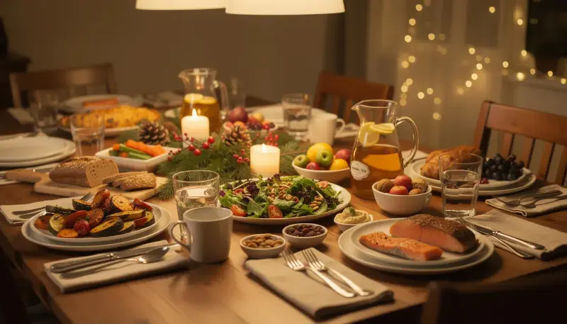 The image depicts a peaceful holiday dinner table set with warm lighting, featuring an array of healthy foods and no alcohol present. This scene reflects the support and comfort found in a sober lifestyle, emphasizing the importance of self-care and connection during the recovery journey.