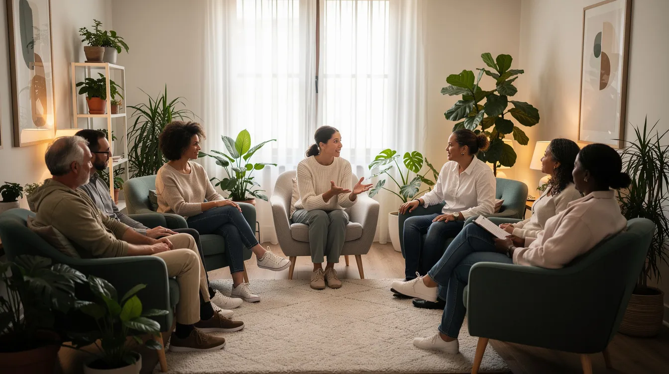 The image depicts a group of people seated in a cozy therapy room, surrounded by soft lighting and lush plants, engaging in a supportive group therapy session aimed at addressing substance use disorders. This environment fosters mental health and recovery, providing a space for individuals to share their experiences and work towards long-term recovery through evidence-based practices.