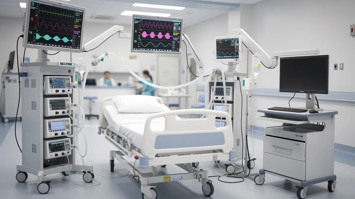 The image depicts various medical monitoring equipment commonly found in a healthcare setting, including devices for tracking vital signs and administering medications like trazodone for treating conditions such as major depressive disorder and anxiety disorders. This equipment plays a crucial role in therapeutic drug monitoring to ensure patient safety and effective treatment outcomes.