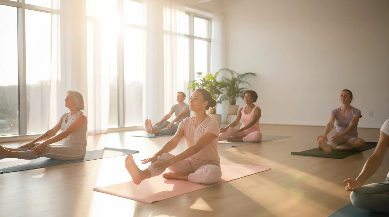 The image depicts a serene yoga session in a bright studio, where individuals are comfortably engaged in various poses, fostering a sense of peace and mindfulness. This tranquil environment can support mental health and recovery, making it a valuable component of treatment programs for substance use disorders.