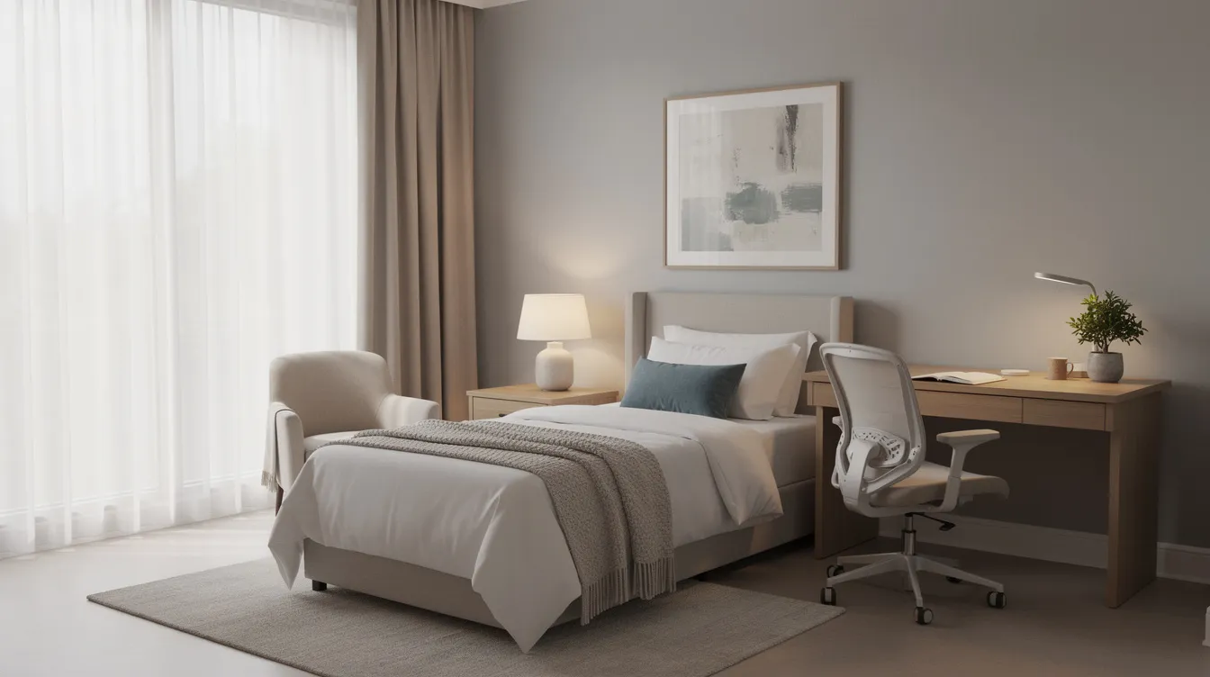 The image depicts a private bedroom within a treatment facility, featuring comfortable furnishings and ample natural light, creating a serene environment conducive to healing and recovery from mental health conditions and substance use disorders. This space reflects the quality care and comprehensive support offered to patients on their journey toward long-term recovery.