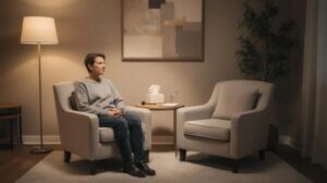 Patient sitting in a calm therapy room during a counseling session for gambling addiction treatment