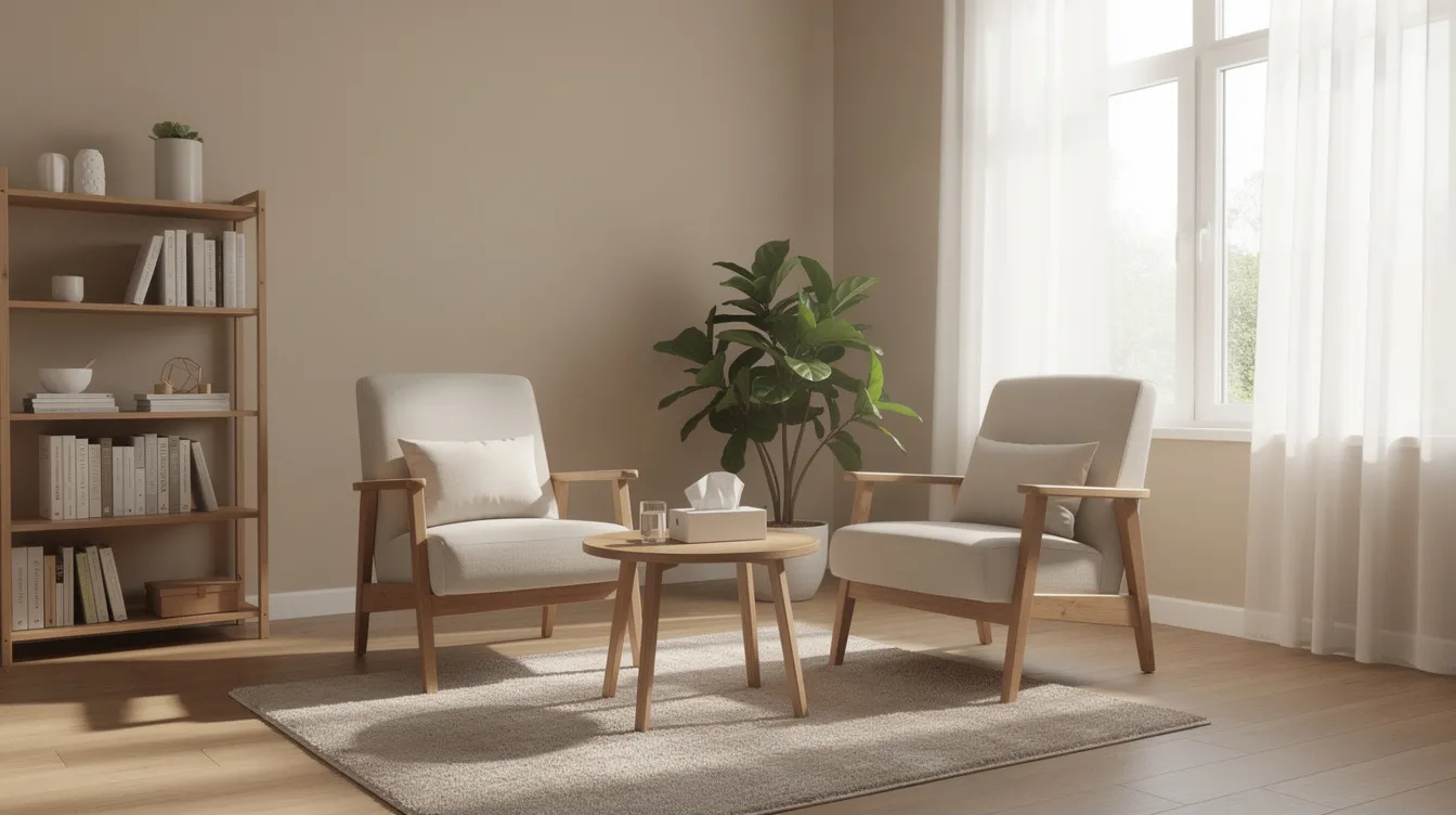 The image depicts a serene therapy room filled with natural light, featuring comfortable seating that invites relaxation and reflection. This calming environment is ideal for discussions about substance abuse and the harmful effects of inhalant use, providing a safe space for individuals seeking professional medical care.