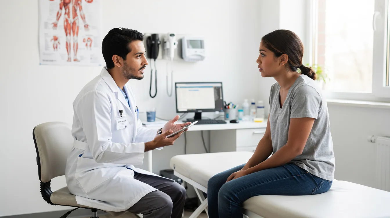 The image depicts a person sitting across from a healthcare provider in a medical office, engaging in a consultation about mental health topics such as major depressive disorder and the effects of trazodone. The setting suggests a professional environment where discussions on treatment options, including antidepressant medications and potential drug interactions, are taking place.