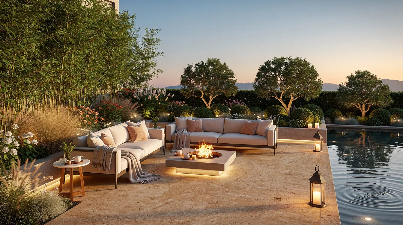 The image depicts a serene luxury wellness retreat featuring elegant outdoor seating surrounded by lush gardens, creating a tranquil atmosphere for relaxation and rejuvenation. The space invites visitors to unwind and enjoy nature, contrasting with the harmful effects of inhalant abuse and substance misuse.