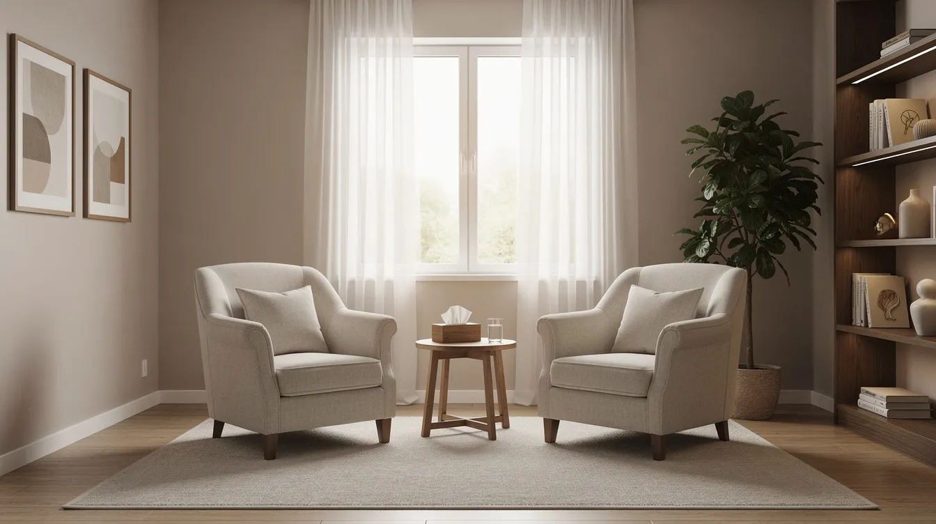 The image depicts a serene therapy room with soft lighting, featuring two comfortable chairs positioned facing each other, creating a welcoming space for solution focused therapy. This environment is designed to facilitate open conversations and support clients in their recovery process from substance abuse, emphasizing their strengths and coping strategies.
