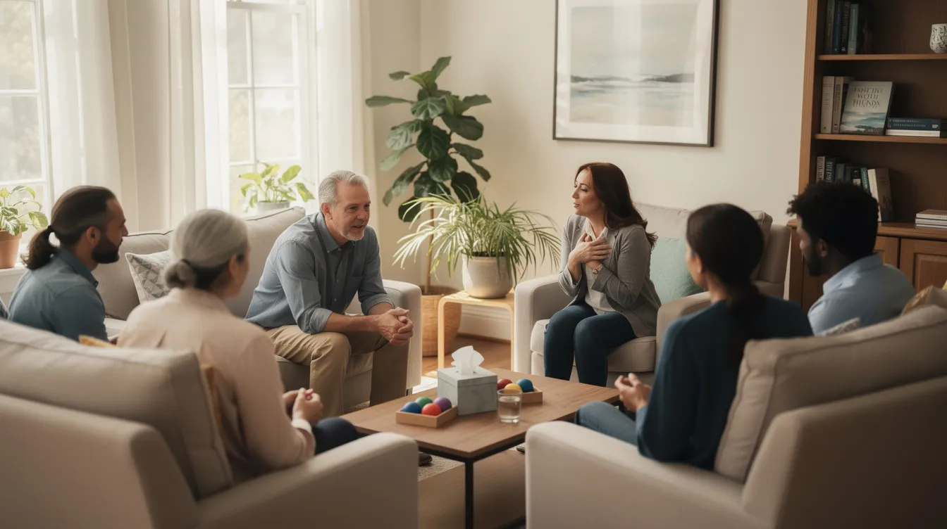 The image depicts a supportive group therapy session taking place in a cozy treatment setting, where individuals are engaging in open discussions about mental health challenges such as major depressive disorder and anxiety disorders. Participants appear to be sharing experiences and strategies, possibly including the use of medications like trazodone to treat depression and insomnia, fostering an atmosphere of understanding and support.