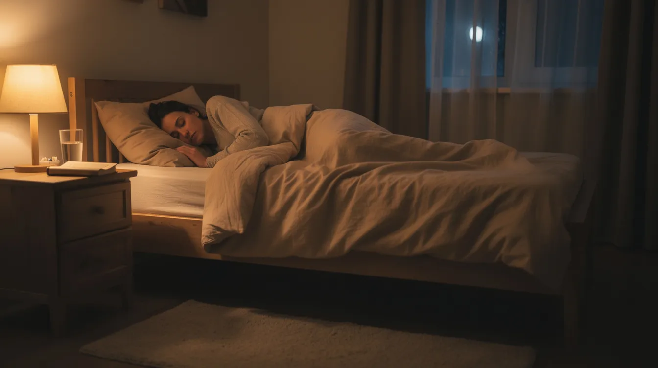 A person is peacefully sleeping in a comfortable bedroom, surrounded by soft bedding and warm lighting, creating a serene atmosphere ideal for rest. This tranquil scene highlights the importance of sleep medicine, including treatments like trazodone, which may aid individuals with conditions such as major depressive disorder and insomnia.
