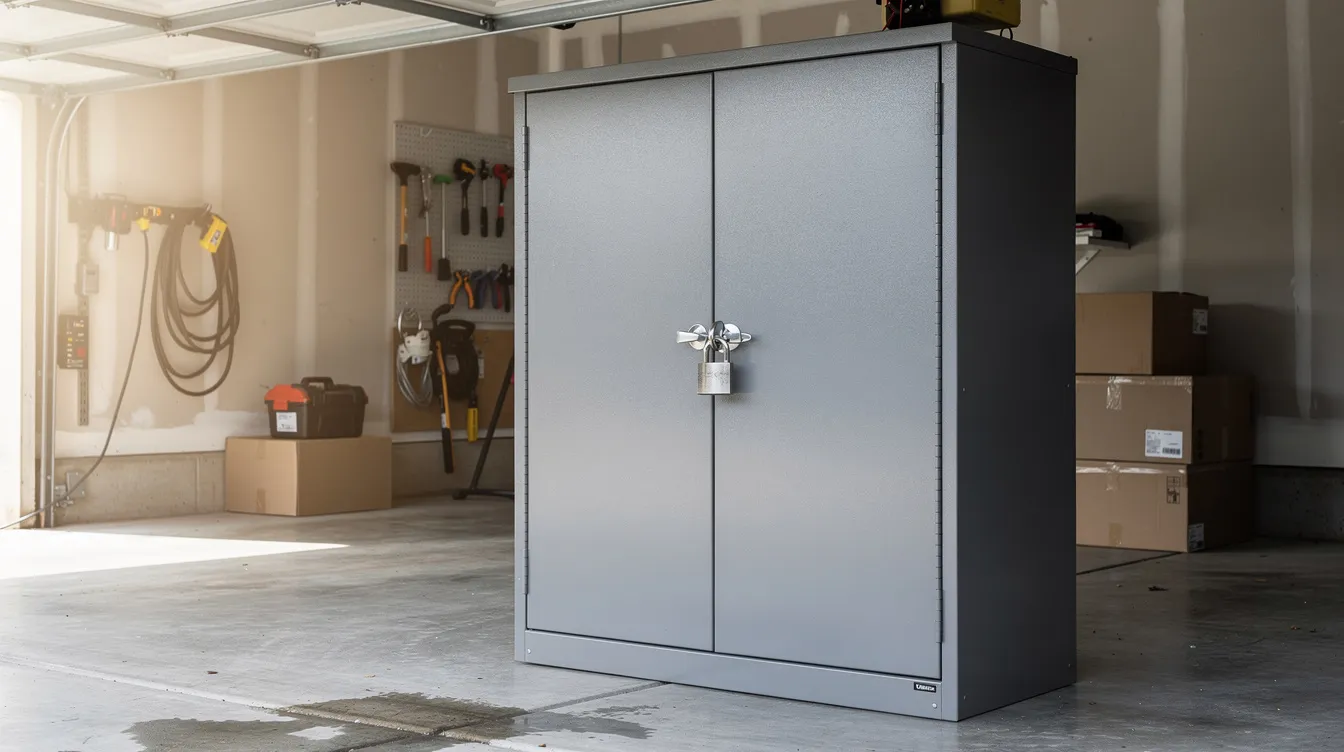 The image depicts a locked metal storage cabinet situated in a garage, emphasizing safety and security for potentially hazardous items. This setting may relate to the storage of household products that can be misused for inhalant abuse, highlighting the importance of preventing access to substances that can cause serious health risks such as sudden sniffing death syndrome and brain damage.