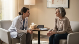 The image depicts a supportive counseling session in a calm office setting, where a healthcare provider engages with a patient who is struggling with substance use disorder. This interaction highlights the importance of professional support in overcoming addiction, understanding the 4 C's of addiction, understanding the negative consequences of addictive behaviors on both mental and physical health.