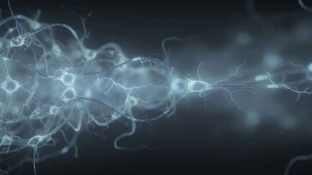 The image depicts abstract neural connections illuminated by soft blue lighting, symbolizing brain activity and the central nervous system's complex interactions. This representation may evoke themes related to anxiety disorders, benzodiazepine use, and the effects of psychoactive substances on mental health.