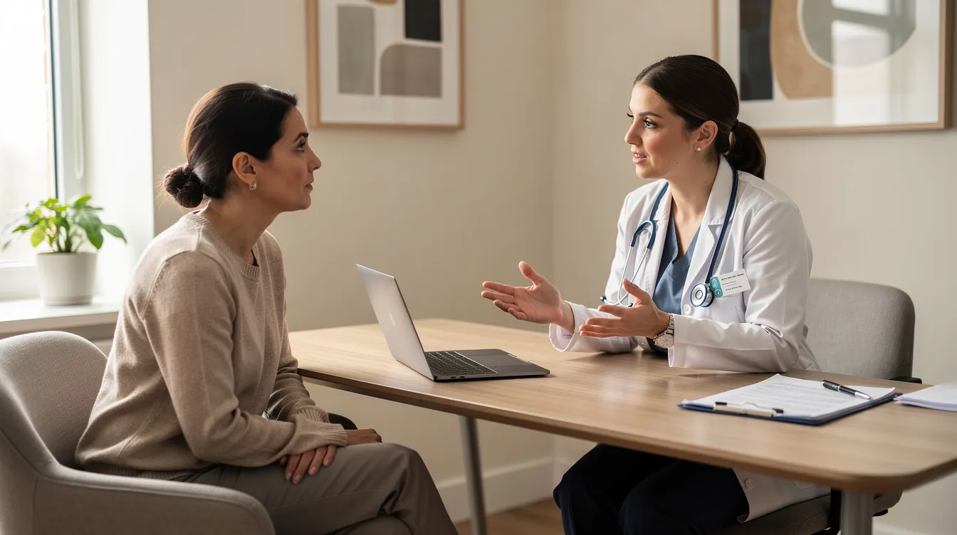 A person is seated across from a healthcare provider in a calm office environment, discussing treatment options for anxiety disorders and sleep problems. The interaction suggests a focus on personalized treatment plans involving medications like trazodone, which is commonly used to treat anxiety and insomnia.