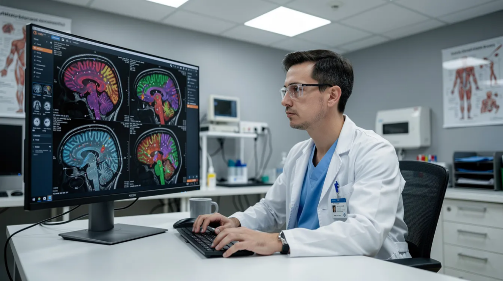 A medical researcher is intently reviewing brain imaging scans on a computer monitor within a clinical setting, focusing on cognitive health and the potential risks associated with conditions like Alzheimer's disease and dementia. The analysis may involve assessing memory and cognitive problems to understand the risk and answering the question does xanax cause dementia - and if developing dementia among older adults is linked with benzo addiction.