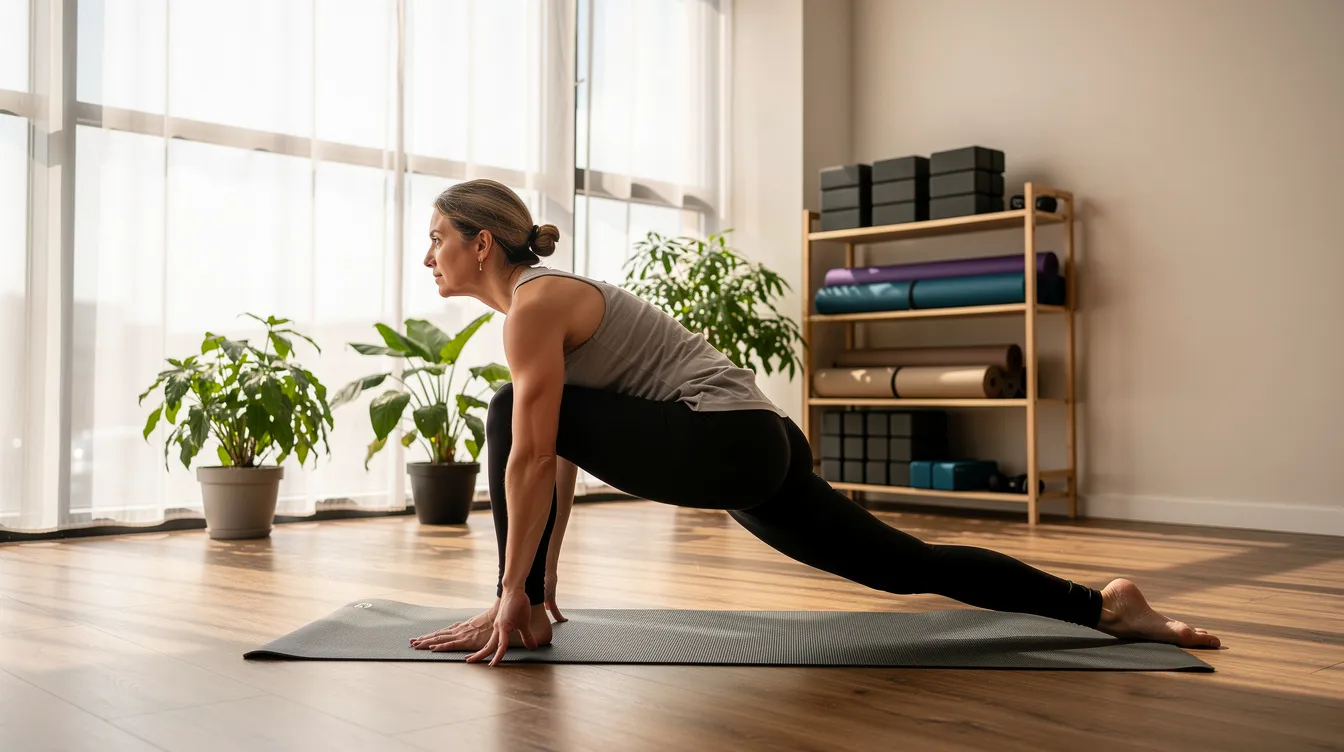 A person is practicing yoga in a serene, well-lit studio, surrounded by calming decor and natural light, promoting both physical health and mental well-being. This peaceful environment may help reduce anxiety and support cognitive health, which is essential for older adults concerned about memory and cognitive problems.