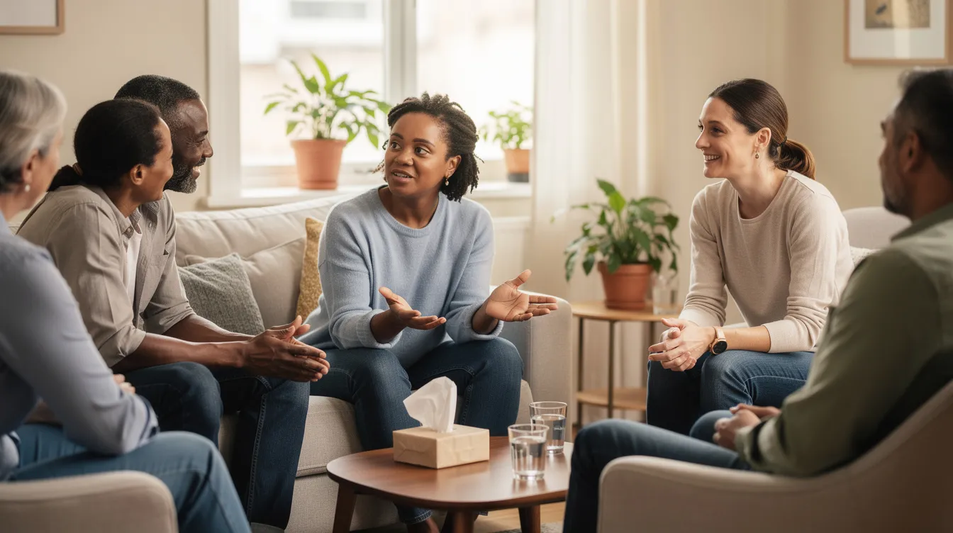 The image shows a group therapy session where individuals are engaged in a supportive conversation, addressing their mental health challenges such as anxiety disorders and depression. Participants share their experiences and coping strategies, emphasizing the importance of personalized treatment and long-term support in managing anxiety symptoms and sleep disturbances.